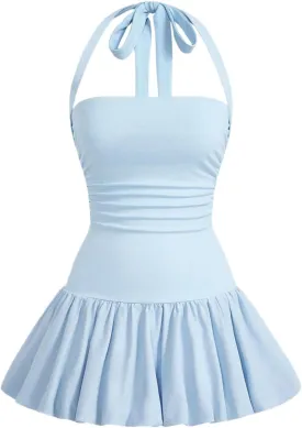 SOLY HUX Women's Bubble Mini Dress Y2K Halter Backless Club Party Graduation Short Dresses with Shorts Underneath