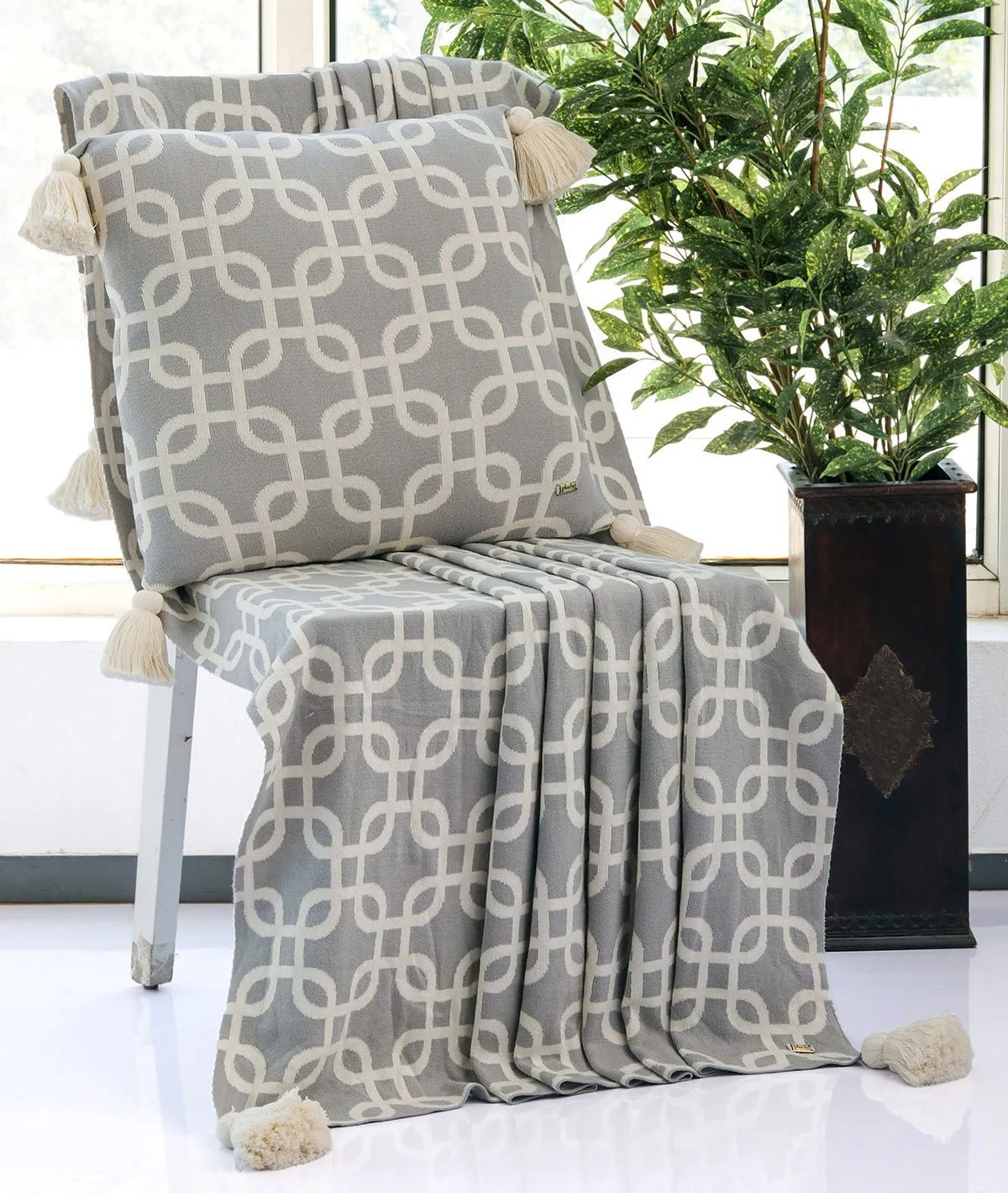 Stroke - Light Grey & Natural 100% Cotton Knitted All Season AC Throw Blanket
