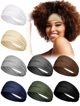 WILLBOND 8 Pcs Wide Twist Headband for Women Non Slip Stretchy Hairband Elastic Knotted Turban Hair Bands Solid Color Headwrap for Women Yoga Workout Running Hair Accessory