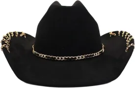 Women Men Fedora Hat Decorative Chain Jazz Cap Suede Hat Fashion Couples Western Cowgirl Hat