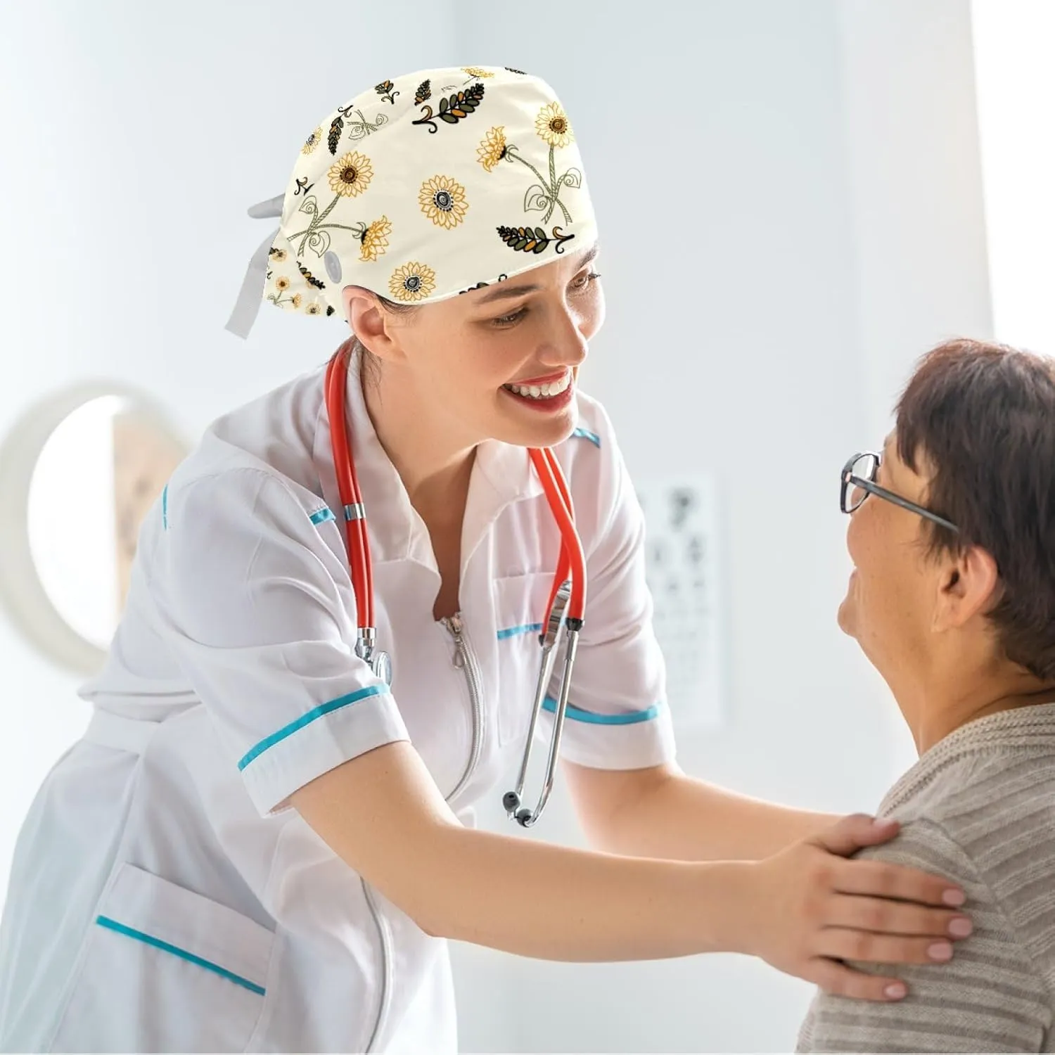 Women Working Cap with Buttons Bouffant Hat Autumn Leaves Nurse Scrub Caps Long Hair