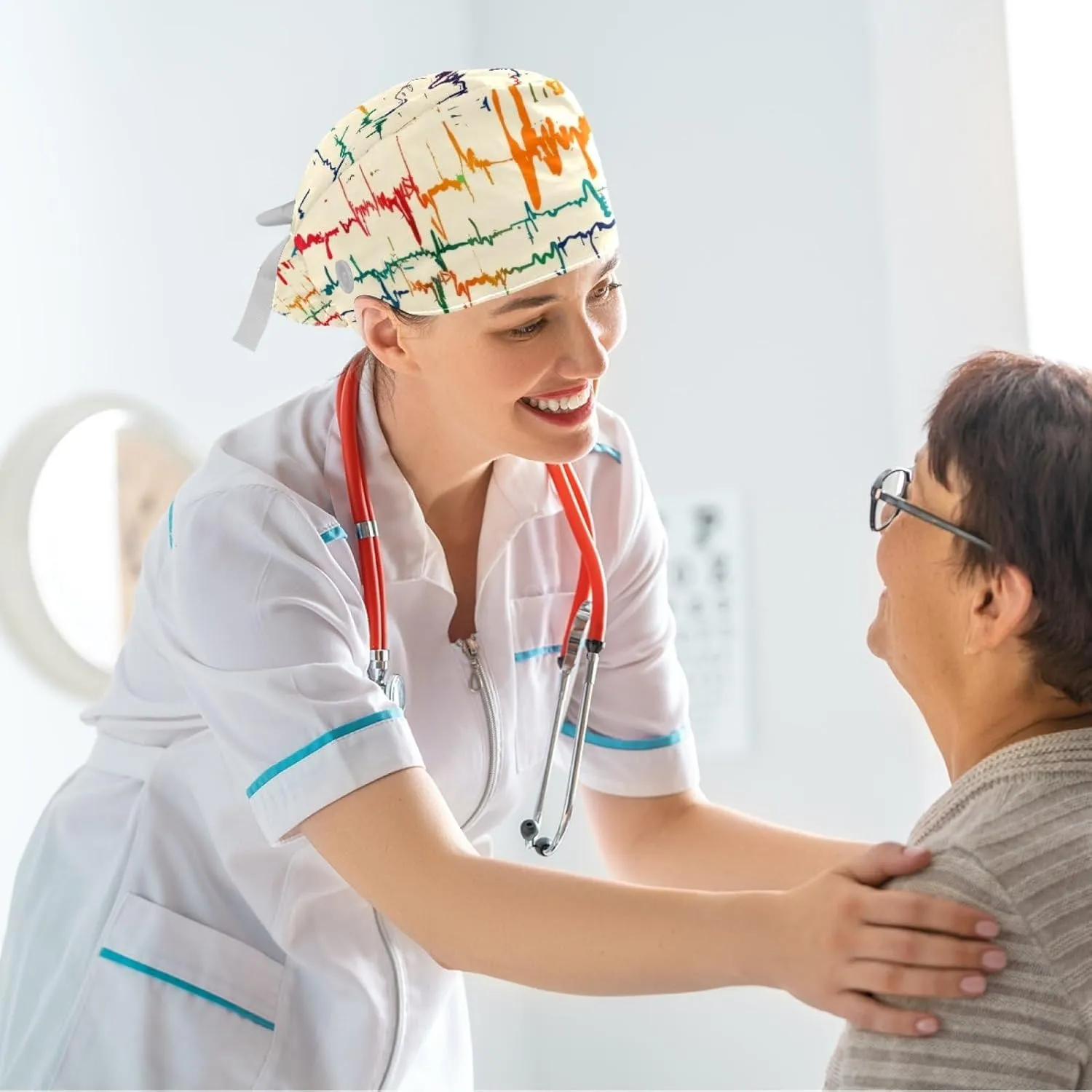 Women Working Cap with Buttons Bouffant Hat Autumn Leaves Nurse Scrub Caps Long Hair