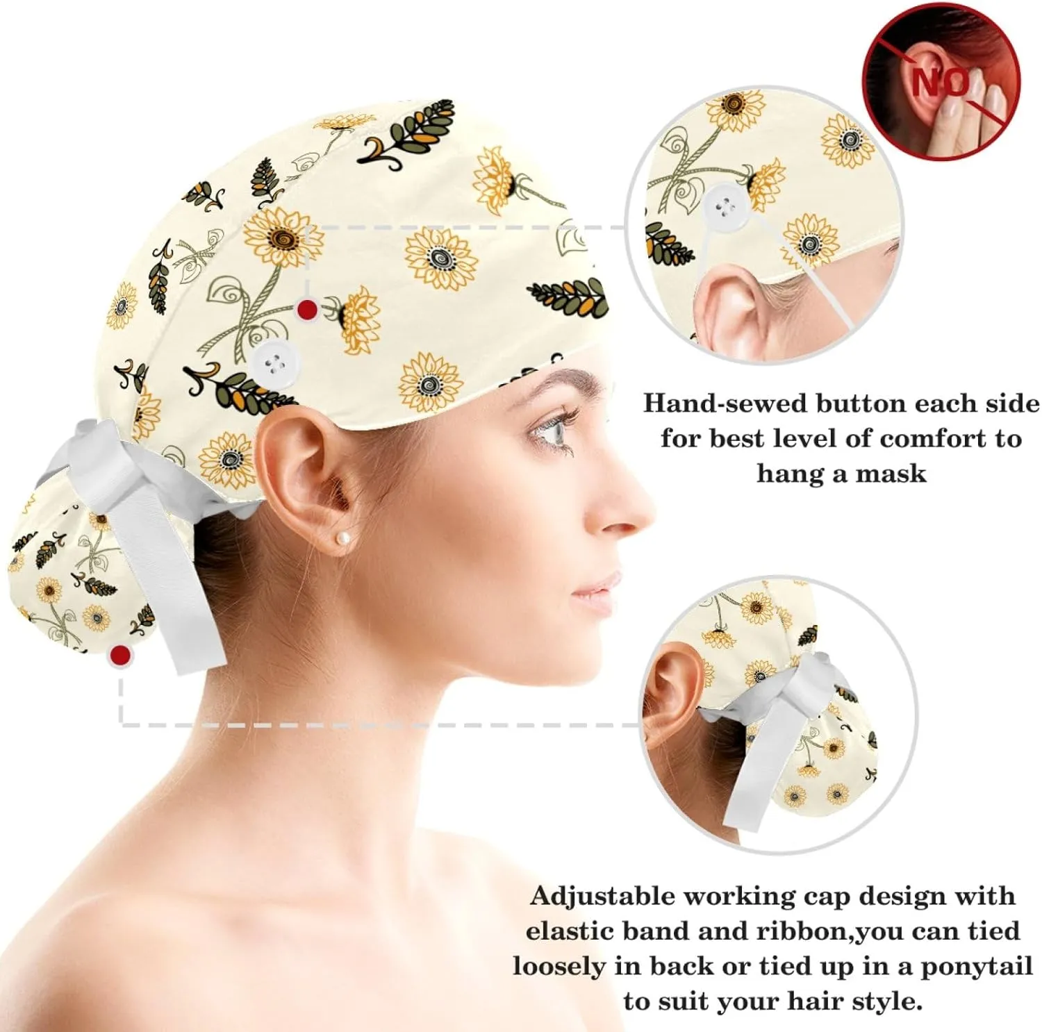 Women Working Cap with Buttons Bouffant Hat Autumn Leaves Nurse Scrub Caps Long Hair