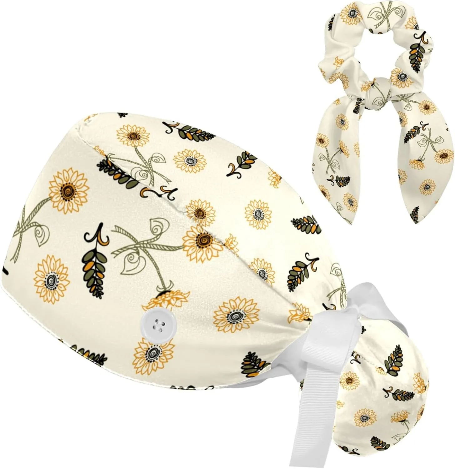 Women Working Cap with Buttons Bouffant Hat Autumn Leaves Nurse Scrub Caps Long Hair