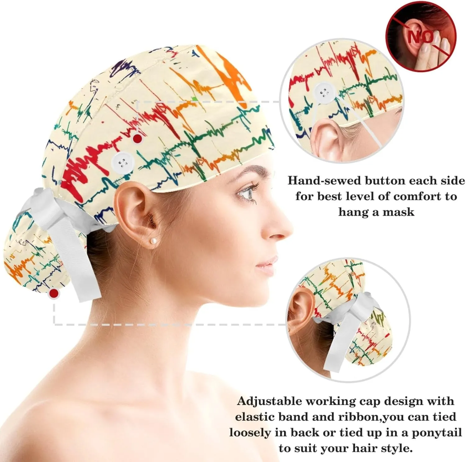 Women Working Cap with Buttons Bouffant Hat Autumn Leaves Nurse Scrub Caps Long Hair