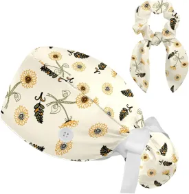 Women Working Cap with Buttons Bouffant Hat Autumn Leaves Nurse Scrub Caps Long Hair